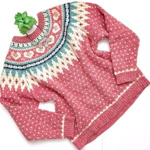 Vintage Woolrich Nordic Fair Isle Wool Sweater Pink White Heart Intarsia S / M
